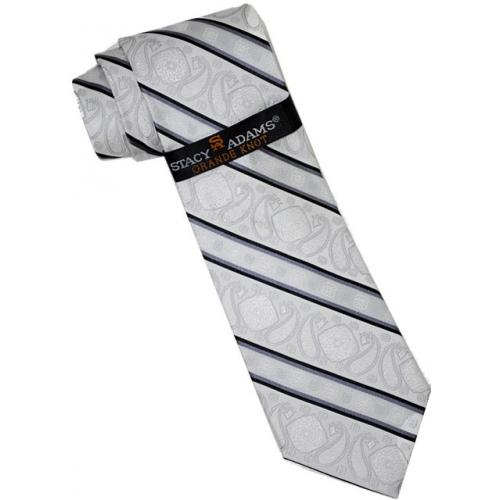 Stacy Adams Collection SA047 Silver Gray/Black Paisley Stripes Design 100% Woven Silk Necktie/Hanky Set